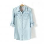 Light Blue Denim Shirt Lapel Pockets Blouse