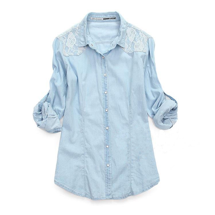  Light  Blue Denim  Lace Shirt  Long  sleeved  Shirts  on Luulla