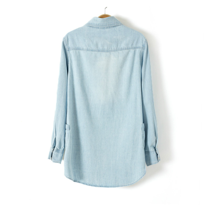 Light Blue Denim Shirt Lapel Long-sleeved Blouse on Luulla