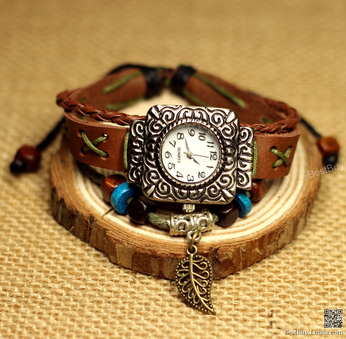 Women Watches Bracelet Wristwatch Vintage Girls Watches Leaf Beaded Leather Watch