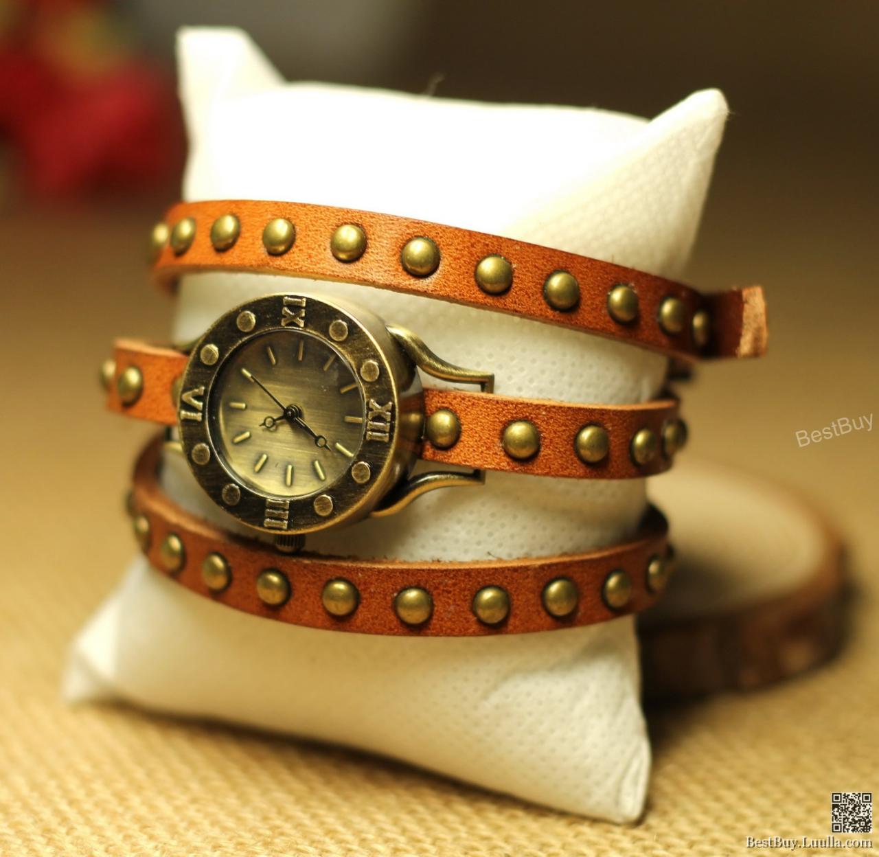 Punk Women Wristwatch Wrapped Watch Triple Wrap Rivet Watch Handmade ...